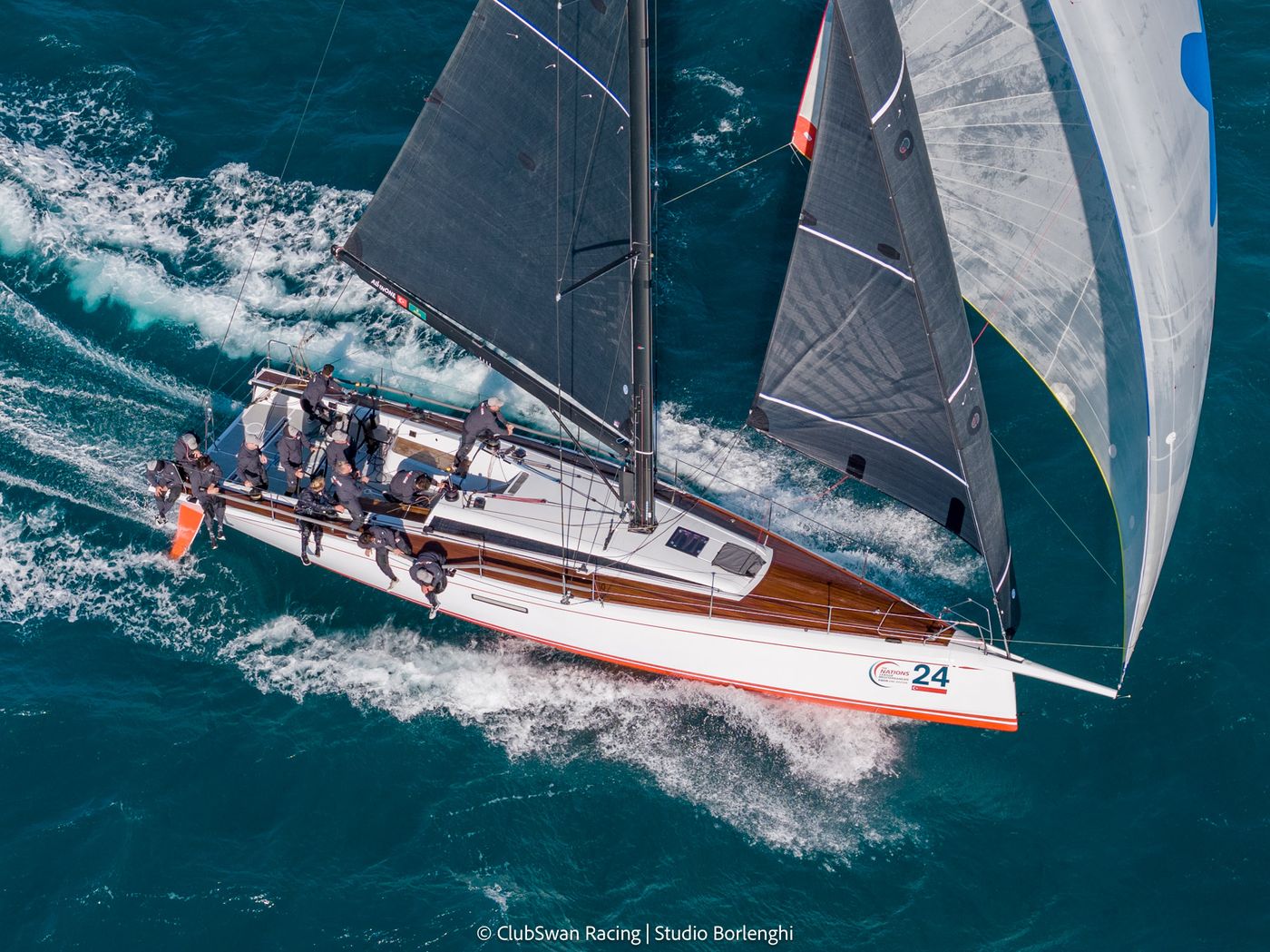 All In One Racing ClubSwan 50 under spinnaker, seen from above